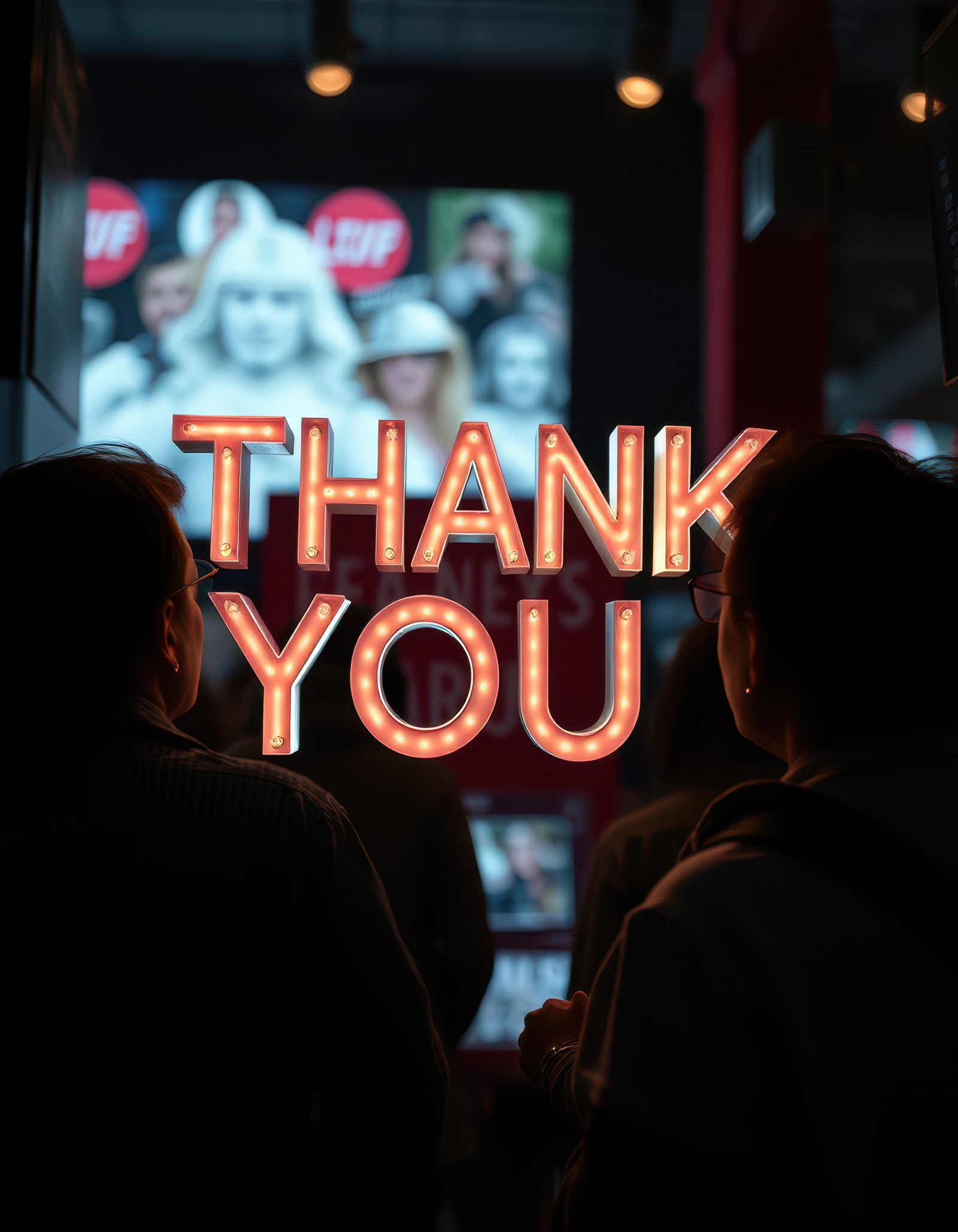 People admire a bright thank you sign in urban setting during evening event